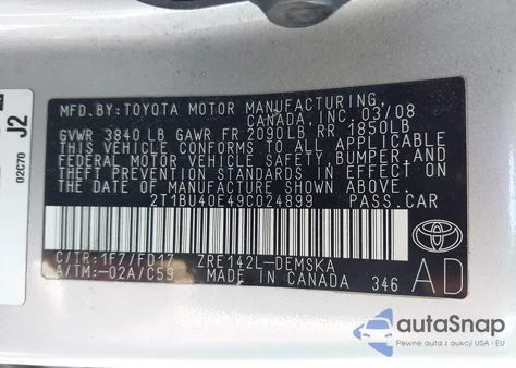 2009 Toyota Corolla S from USA, damaged, VIN 2T1BU40E49C024899